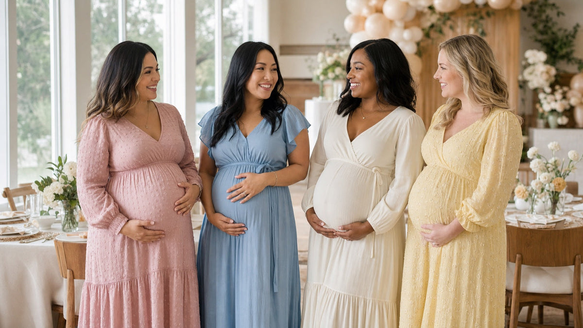 Four pregnant women wearing blush pink, powder blue, ivory and butter yellow baby shower dresses