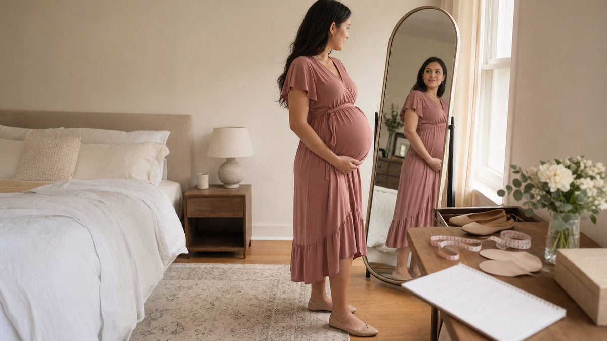 Pregnant woman planning the fit of a dusty rose maternity baby shower dress by her shower date