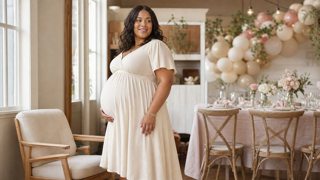 Pregnant plus size woman in an ivory empire waist baby shower dress at a softly decorated venue