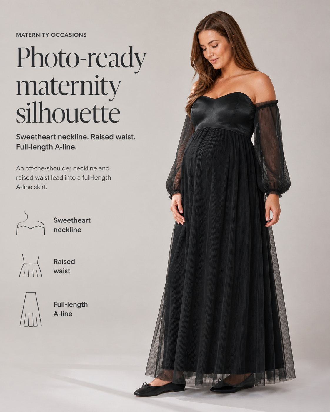 Black gown silhouette guide showing the sweetheart neckline, raised waist and full-length A-line skirt.