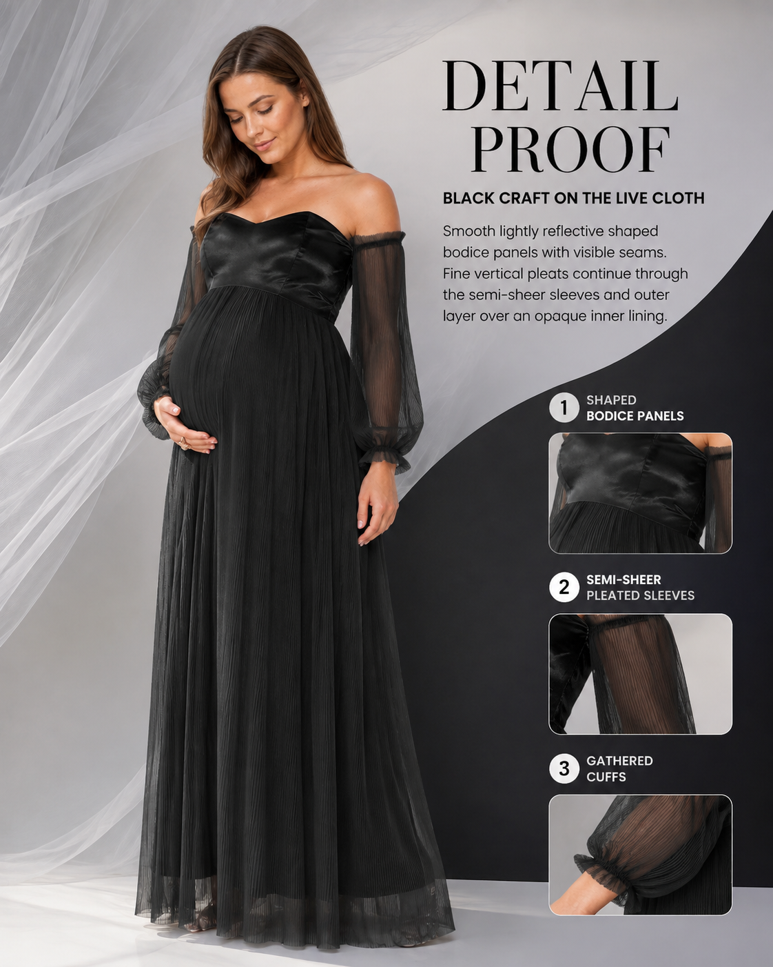 Black gown detail guide with close-ups of shaped bodice panels, semi-sheer pleated sleeves and gathered cuffs.