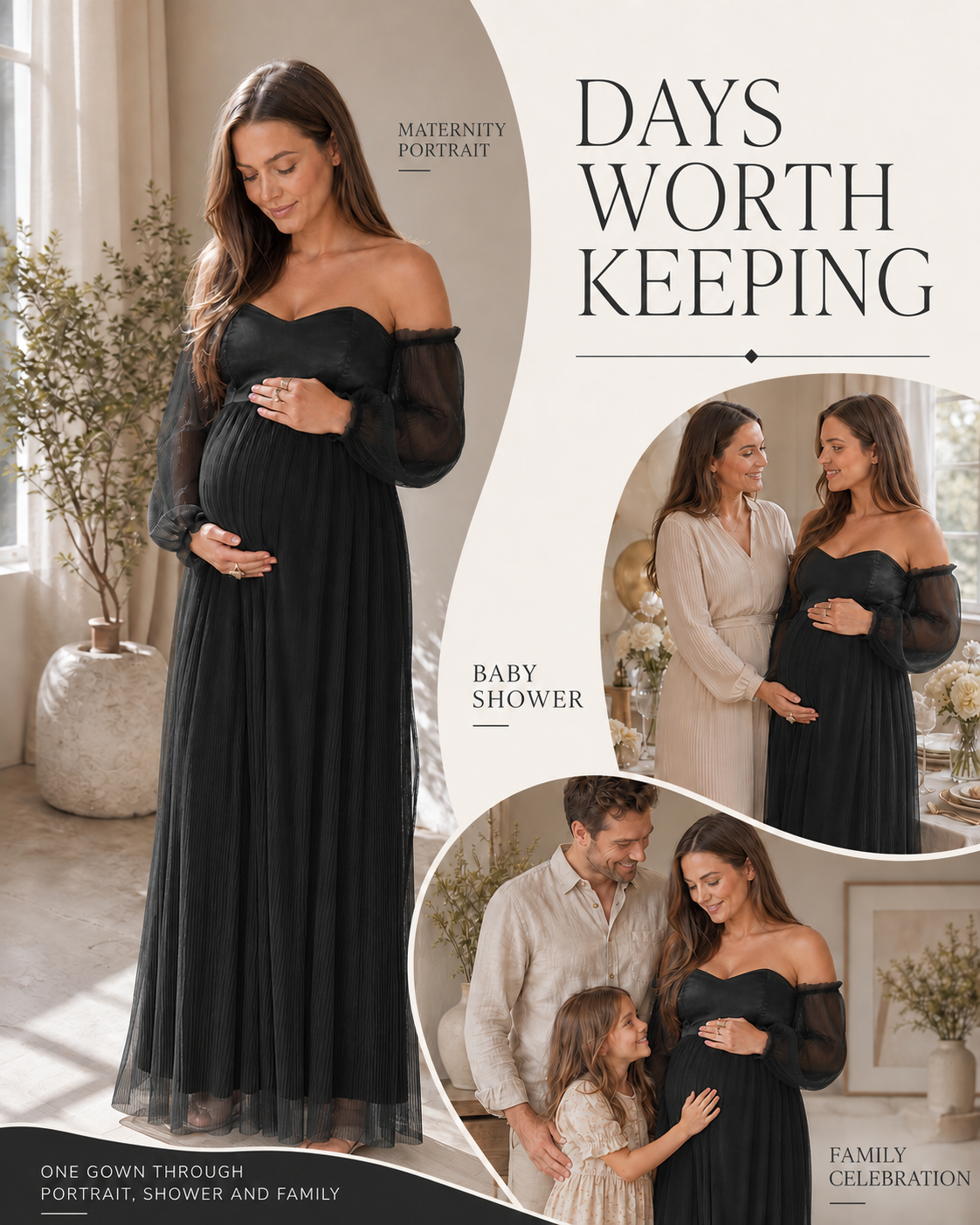 Black maternity gown shown in a window-lit portrait, baby shower scene and family celebration.