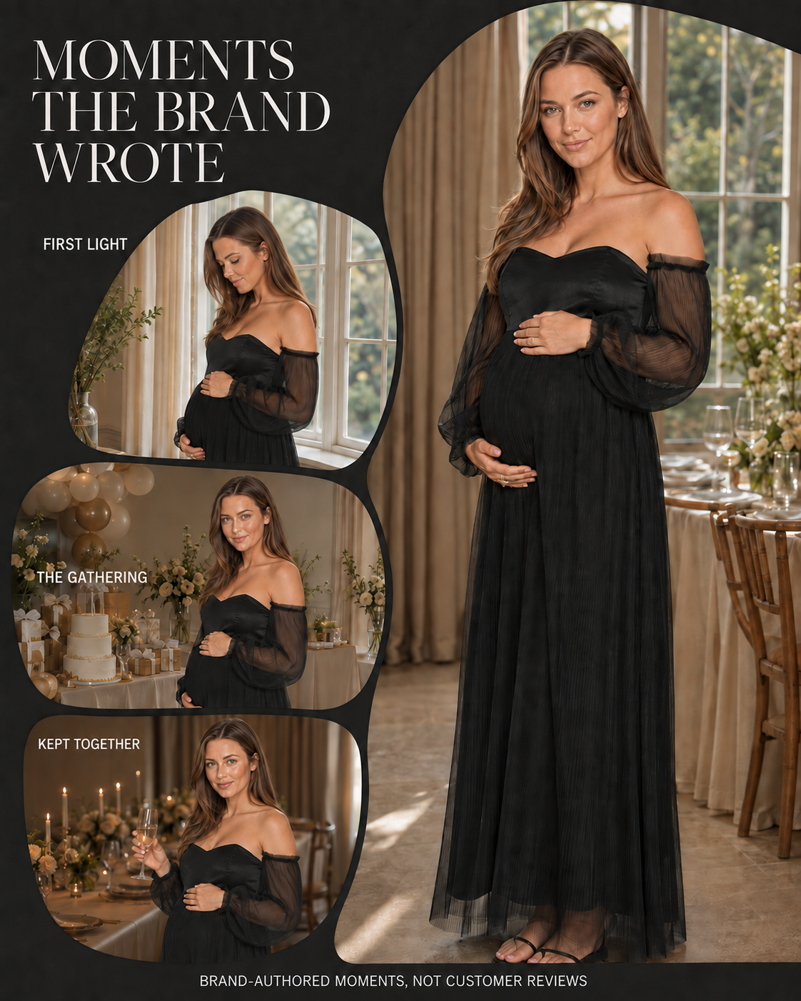Brand-authored scenes of the black gown in window light and celebration settings; not customer reviews.