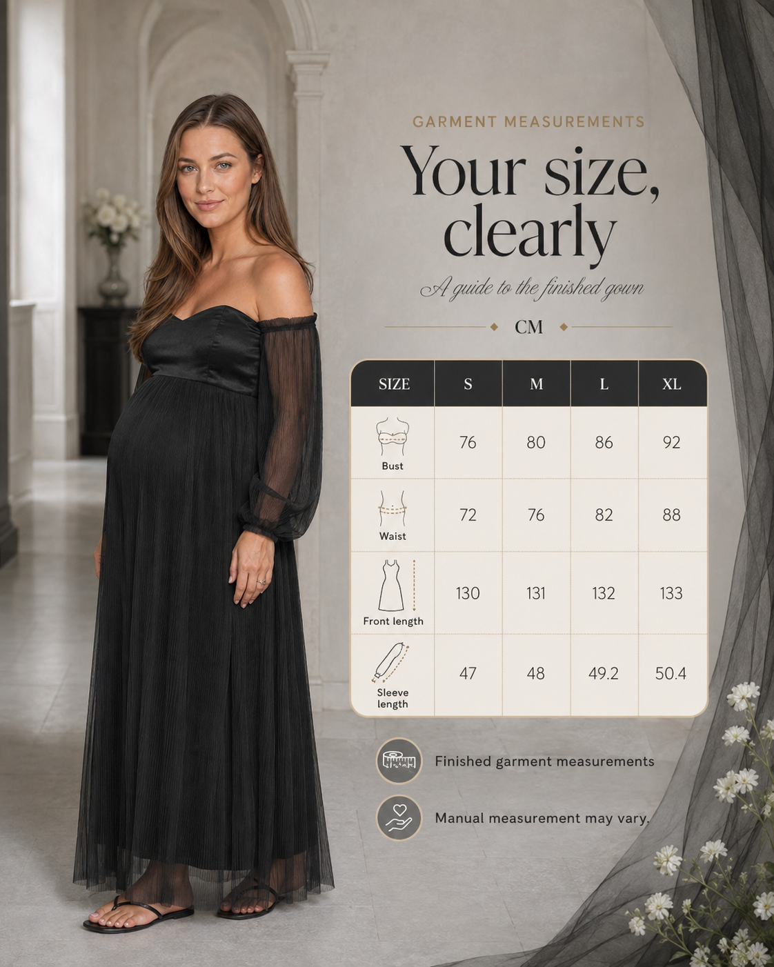 Black gown with an S–XL finished-garment size chart in centimeters for bust, waist, front and sleeve lengths.