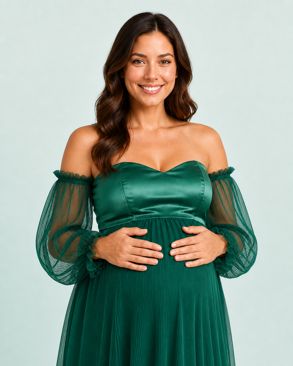 Deep green sweetheart bodice close-up with visible shaping seams and off-shoulder pleated sleeves.