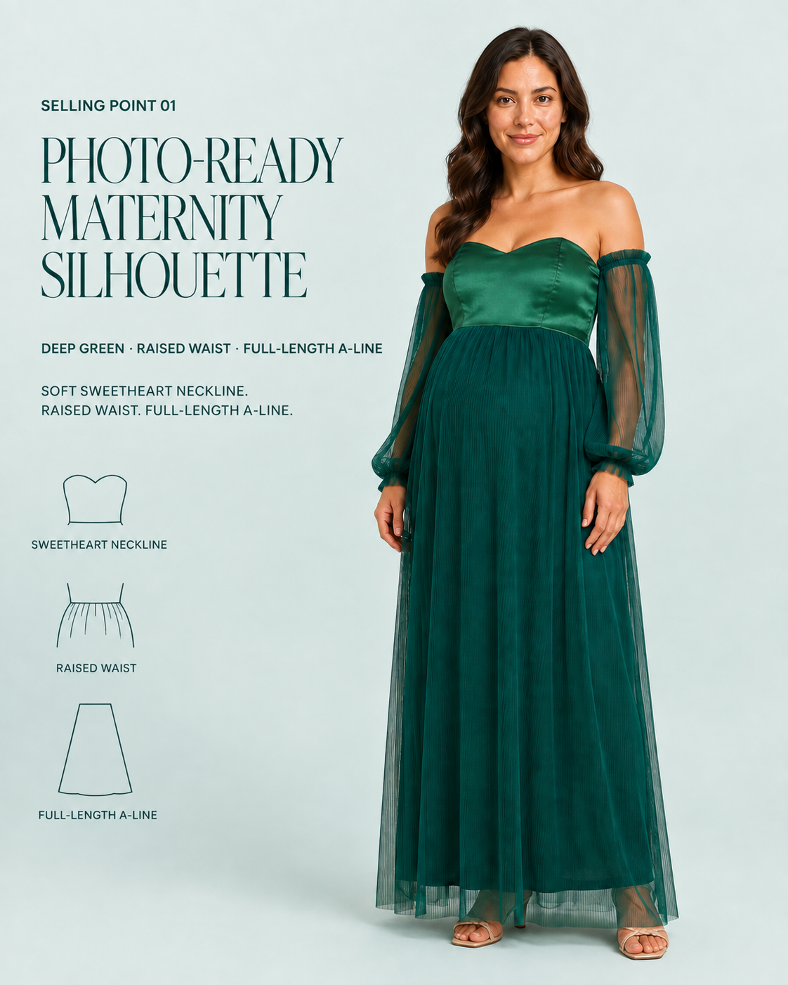 Deep green silhouette guide highlighting the sweetheart neckline, raised waist and full-length A-line shape.