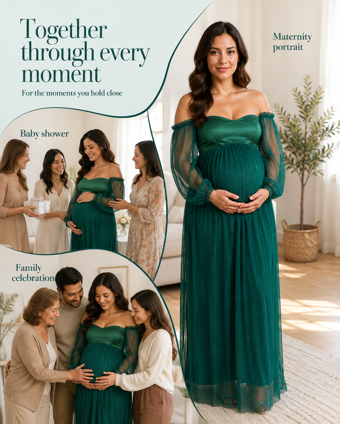 Deep green gown shown in maternity portrait, baby shower gift-giving and family celebration scenes.