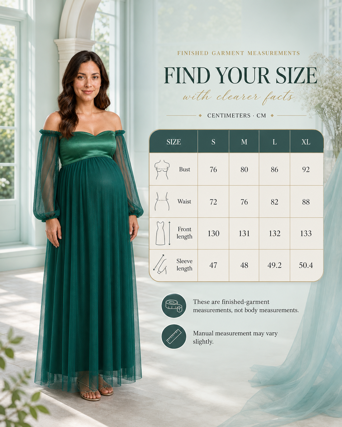 Deep green gown with an S–XL finished-garment size chart in centimeters for bust, waist, front and sleeve lengths.