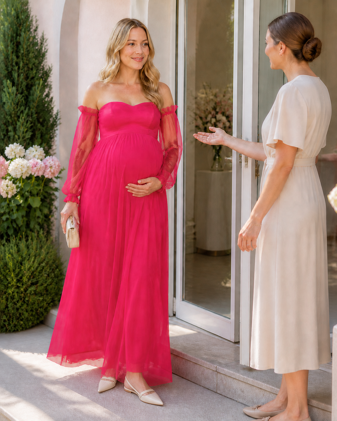 Fuchsia gown styled with a pale clutch and flats at a flower-lined doorway.