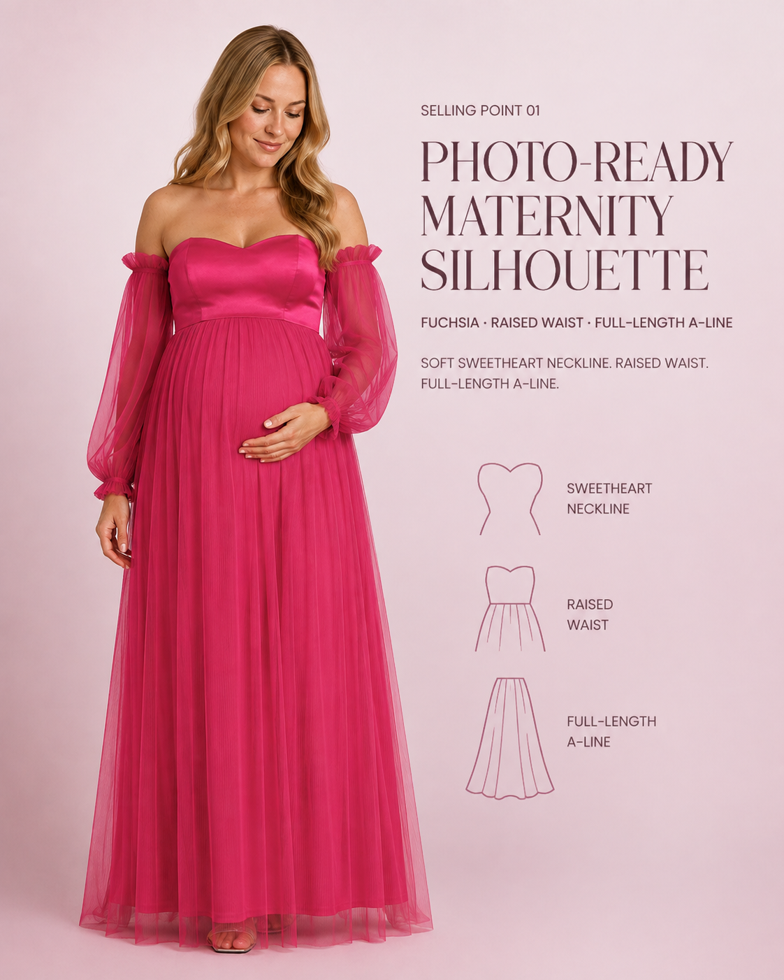 Fuchsia gown design guide highlighting the sweetheart neckline, raised waist and full-length A-line skirt.
