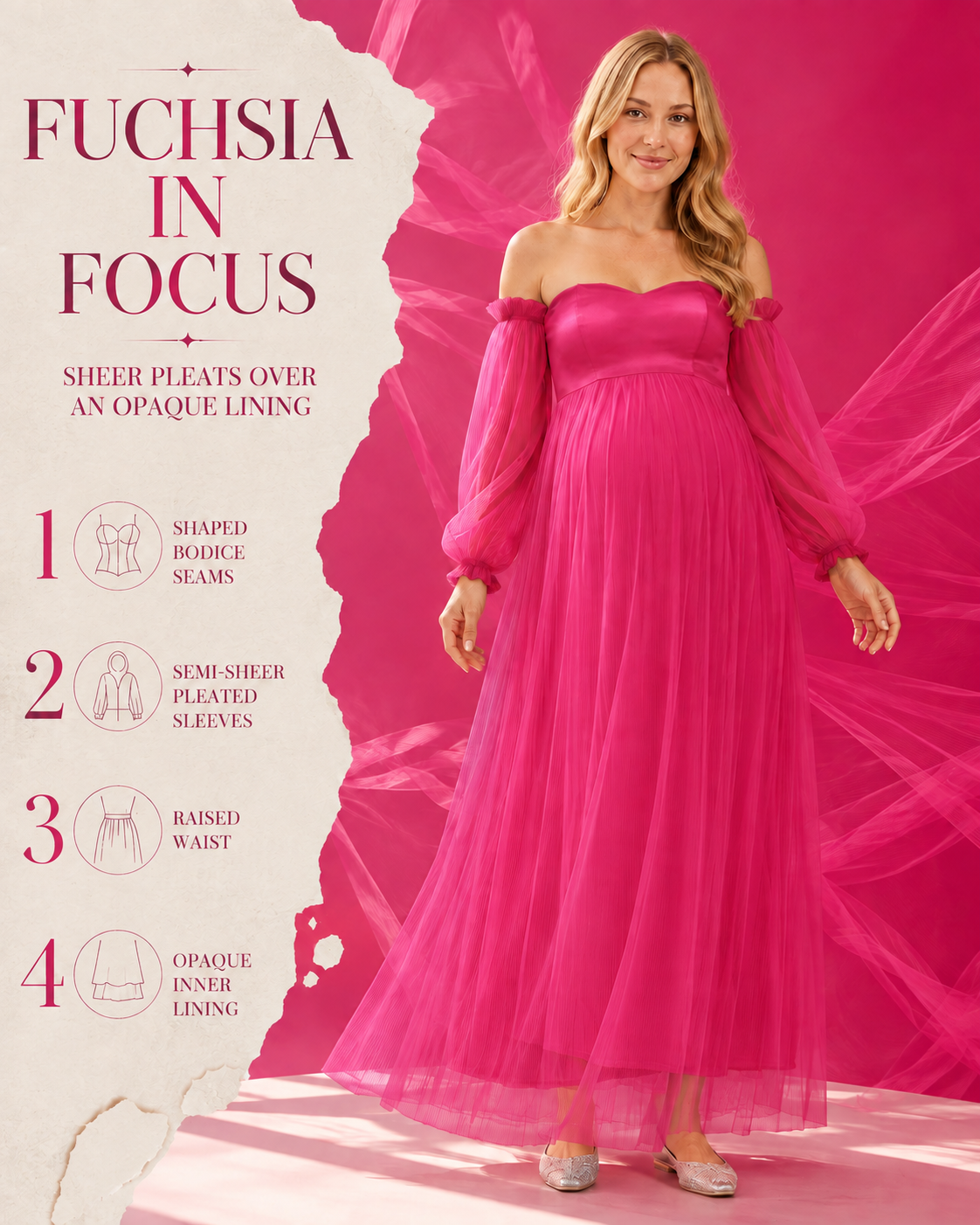 Fuchsia gown feature guide with shaped bodice seams, sheer pleated sleeves, a raised waist and lining.