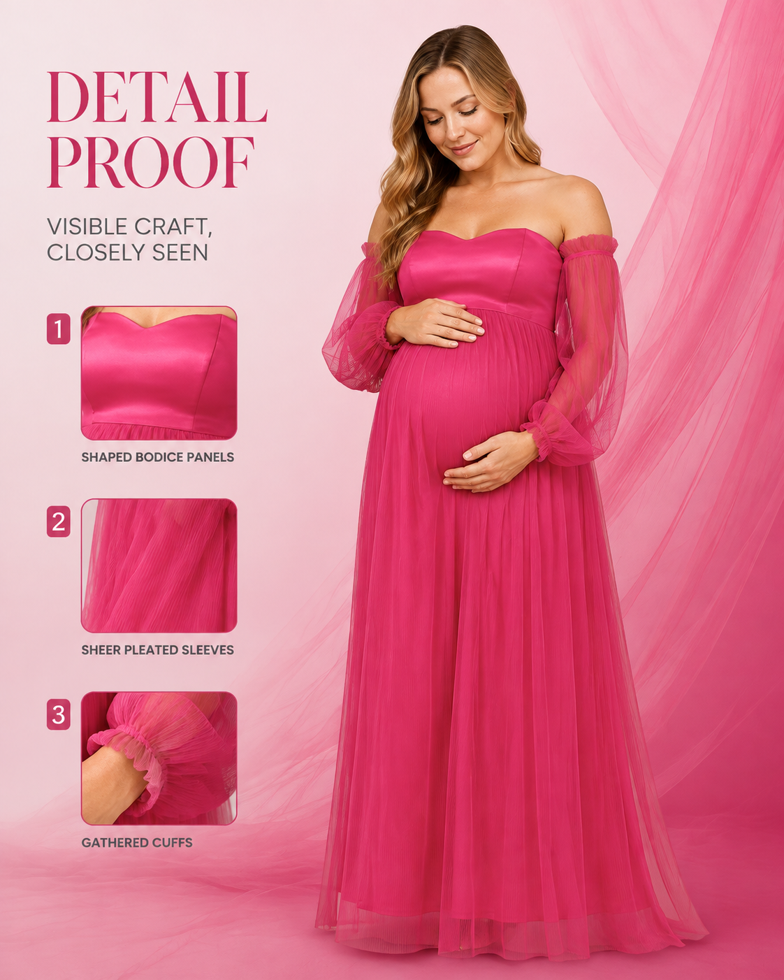 Fuchsia dress detail guide with close-ups of bodice panels, sheer pleated sleeves and gathered cuffs.