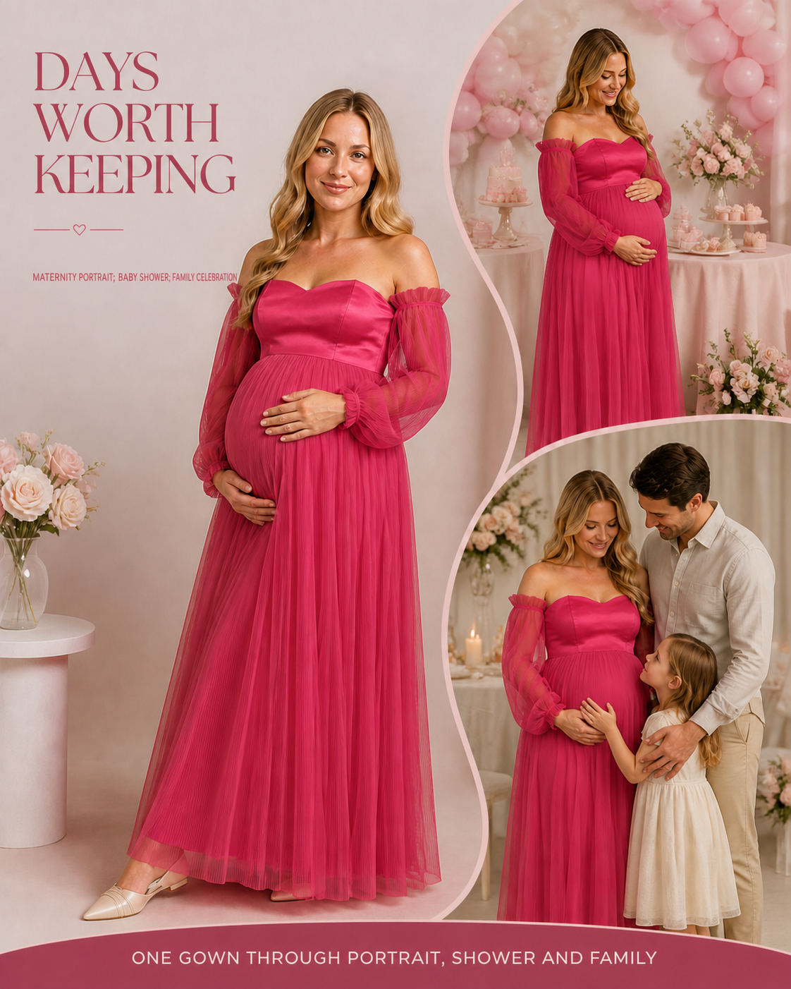 Fuchsia maternity gown shown in a portrait, baby shower setting and family celebration scene.