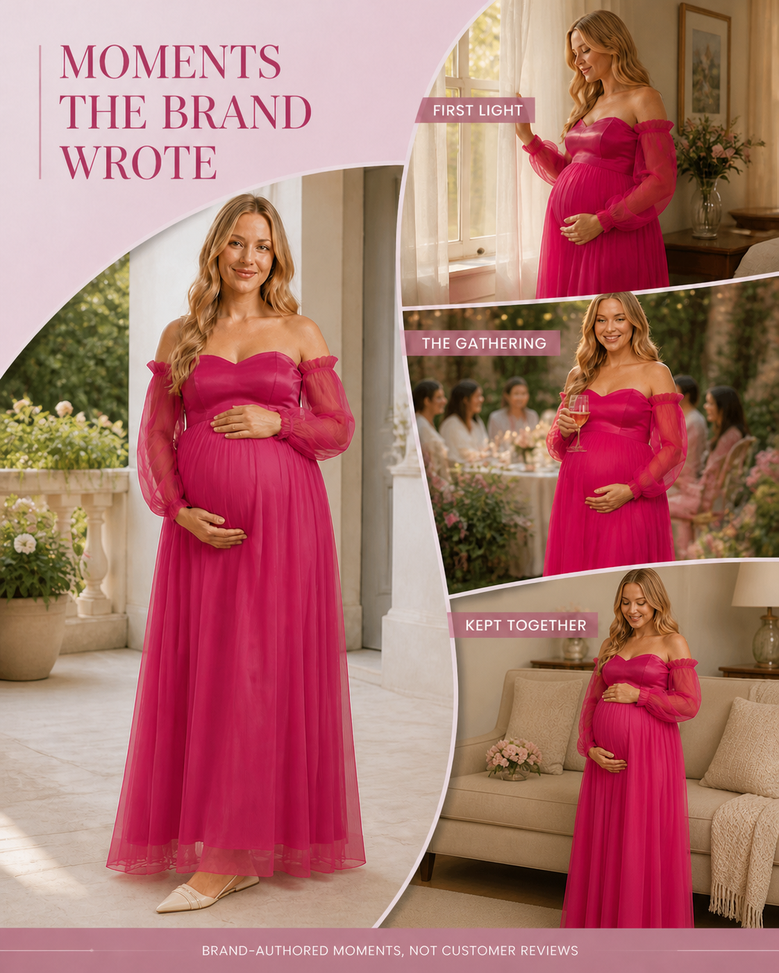 Brand-authored scenes of the fuchsia gown by a window, at a gathering and at home; not customer reviews.