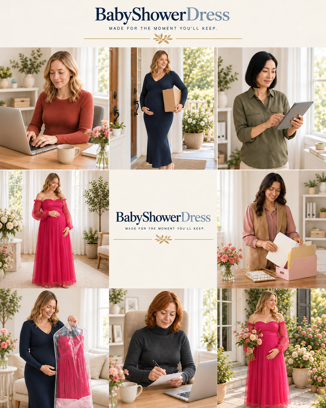 BabyShowerDress brand collage with the fuchsia gown, shopping, a parcel, a garment bag and keepsake scenes.