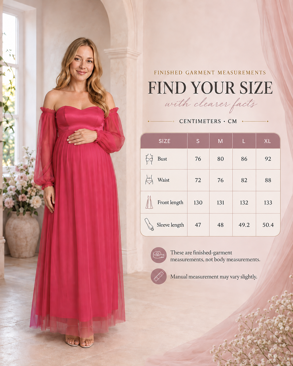 Fuchsia gown with a finished-garment size chart in centimeters for S–XL, covering bust, waist, front and sleeve lengths.