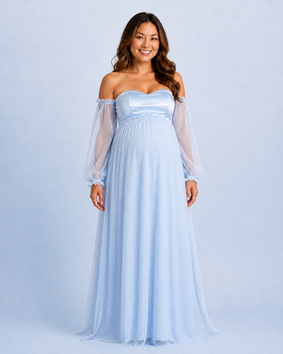 Front view of the sky blue maternity gown with a sweetheart neckline, sheer long sleeves and full-length pleated skirt.