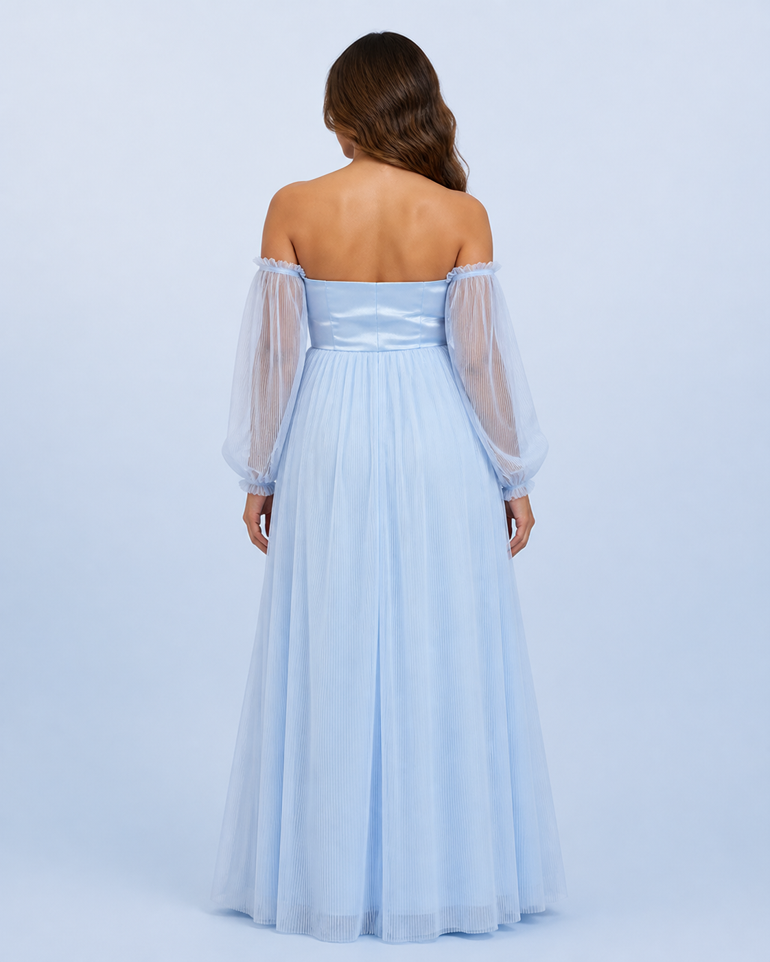 Back view of the sky blue gown with paneled bodice seams, sheer long sleeves and a pleated skirt.