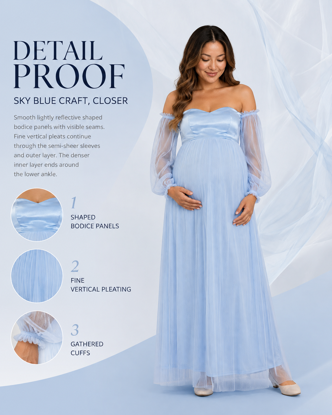 Sky blue dress detail guide with close-ups of shaped bodice panels, fine vertical pleating and gathered cuffs.