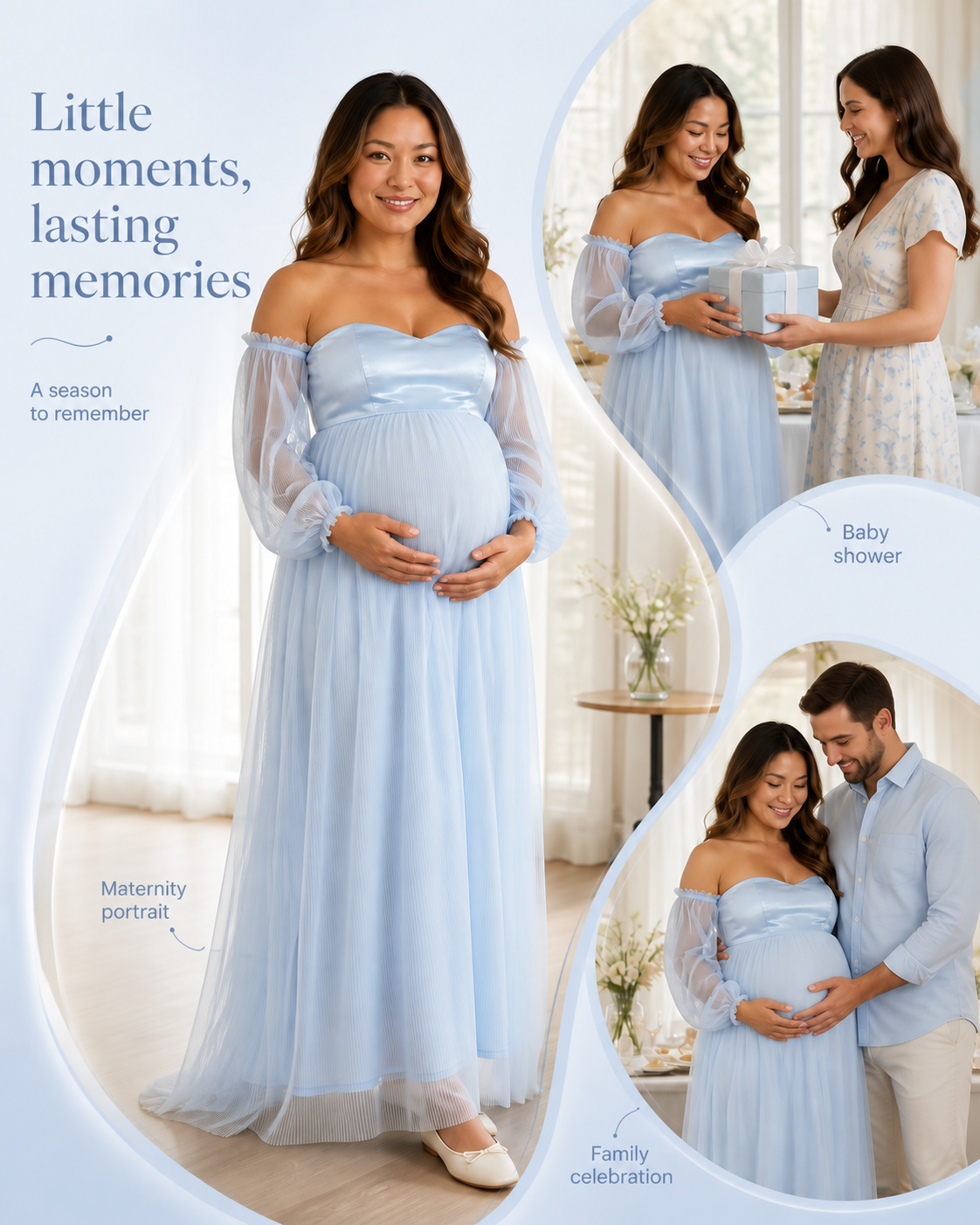 Sky blue maternity gown shown in a portrait, baby shower gift exchange and family celebration scene.
