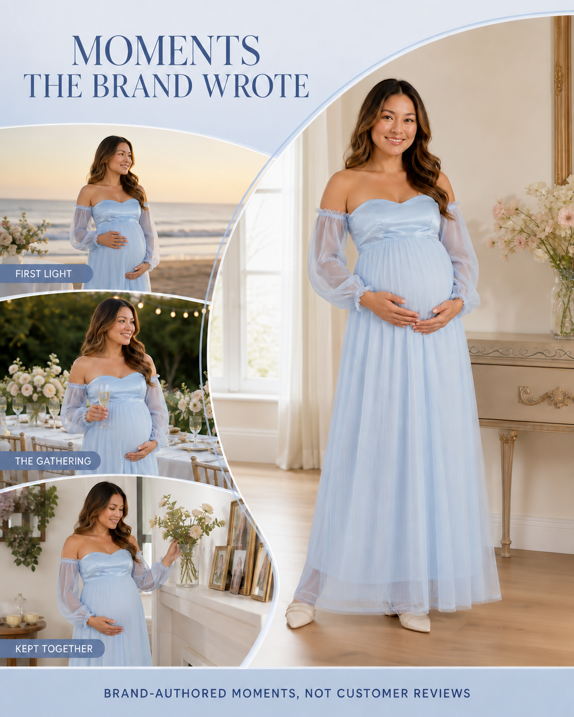 Brand-authored scenes of the sky blue gown by the sea, at a garden gathering and indoors; not customer reviews.