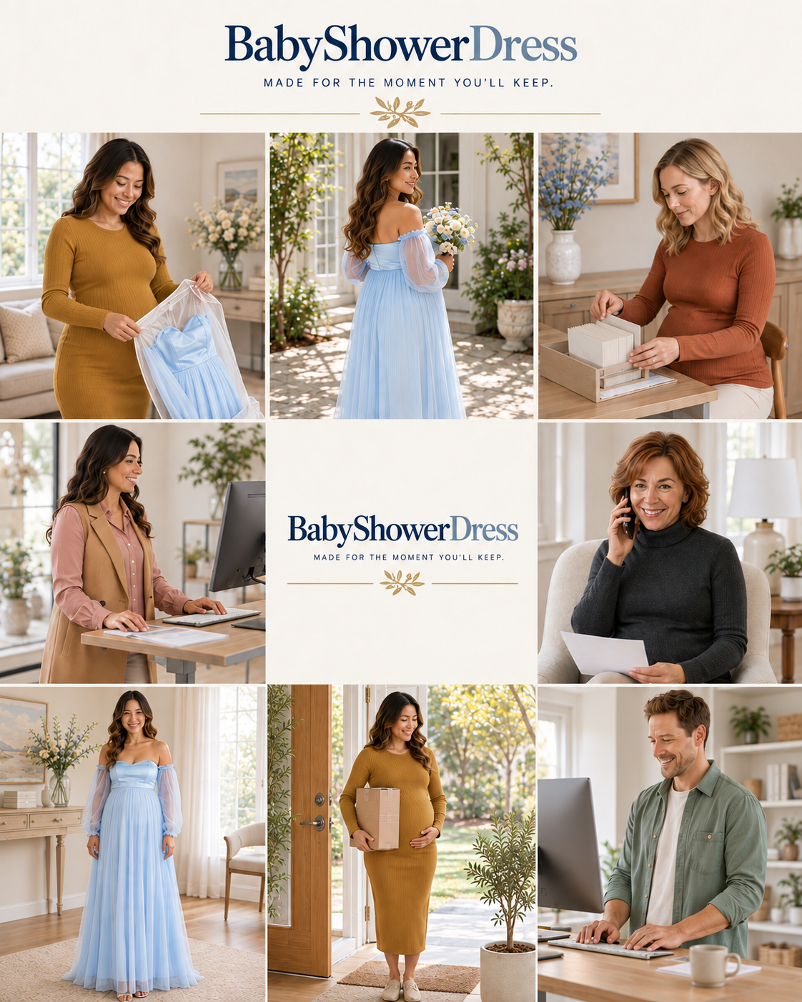 BabyShowerDress brand collage with the sky blue gown, a garment bag, a parcel and people planning and connecting.