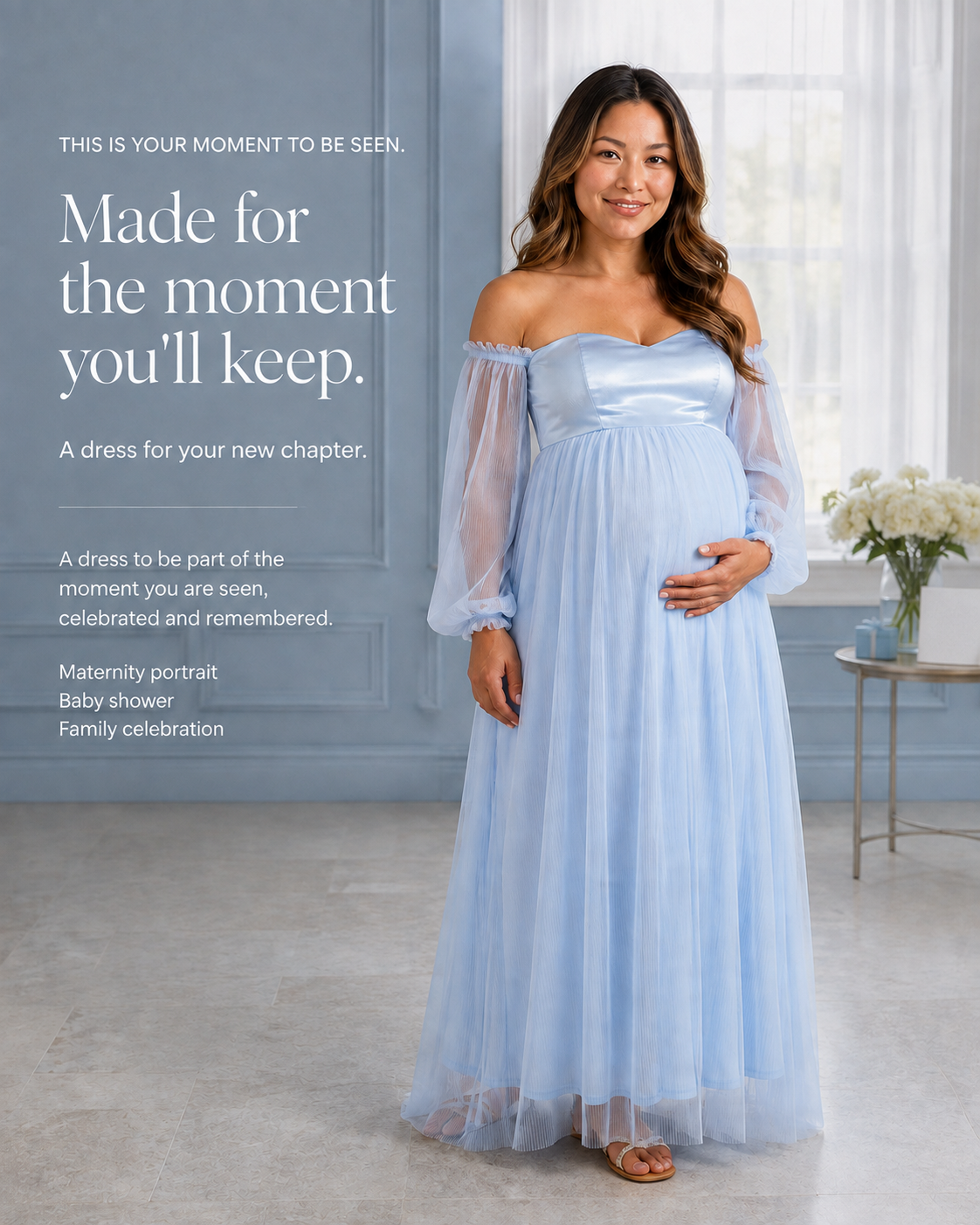 Sky blue maternity gown in a softly lit room with a brand message about a new chapter and moments to keep.