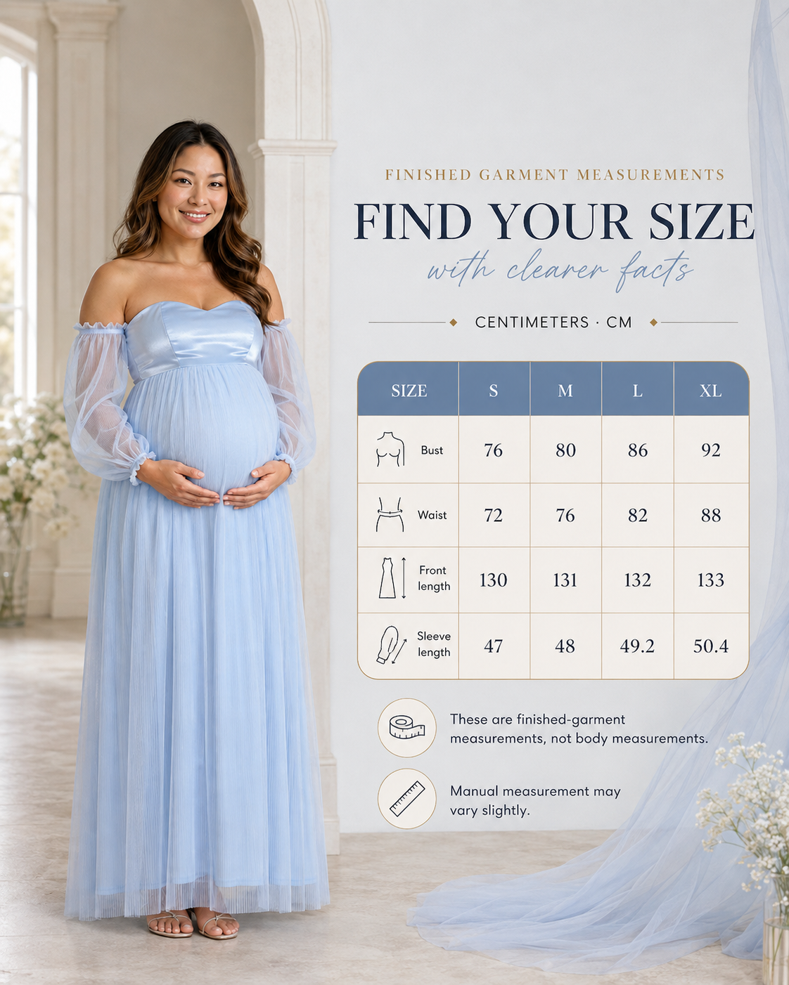 Sky blue gown with an S–XL finished-garment size chart in centimeters for bust, waist, front and sleeve lengths.