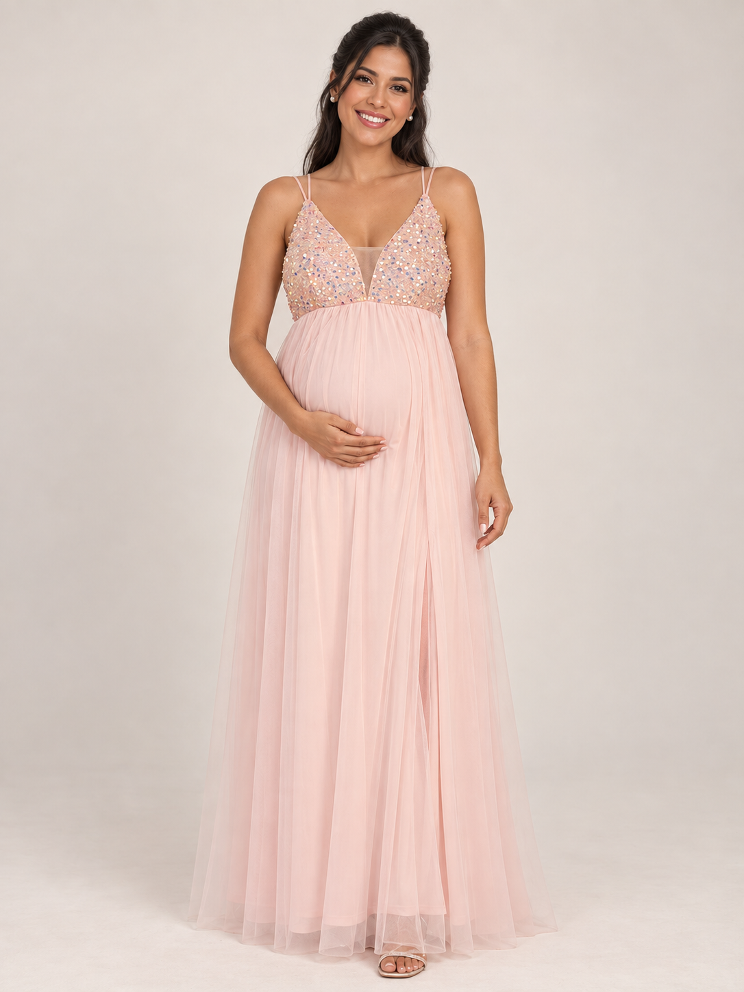 Primrose Blush Pink maternity dress — front view with sequin V-neck bodice, double straps and tulle maxi skirt