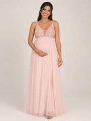 Primrose Blush Pink maternity dress — front view with sequin V-neck bodice, double straps and tulle maxi skirt