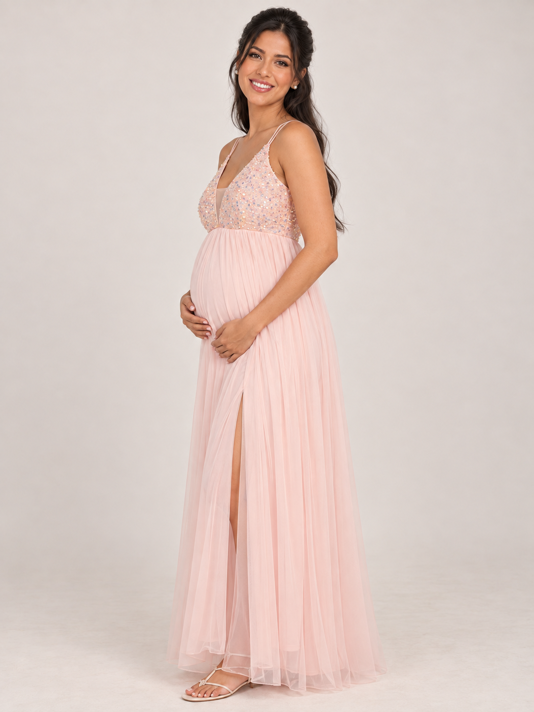 Primrose Blush Pink maternity dress — side view of the high waist and tulle skirt over the bump