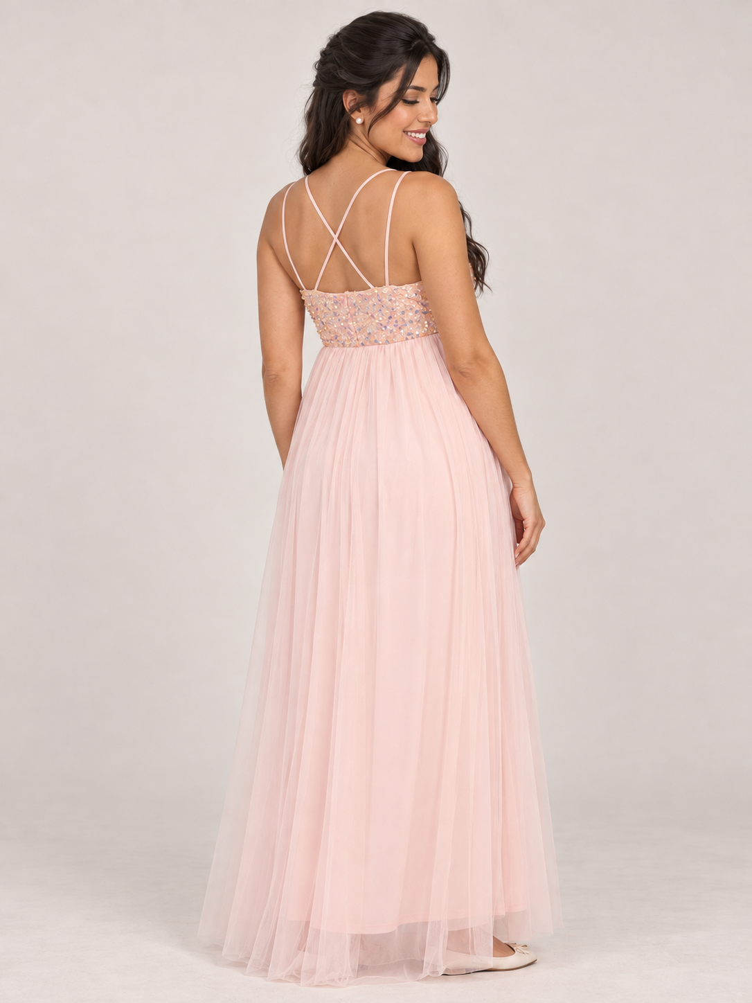 Primrose Blush Pink maternity dress — back view with crossed inner straps and low sequin back band
