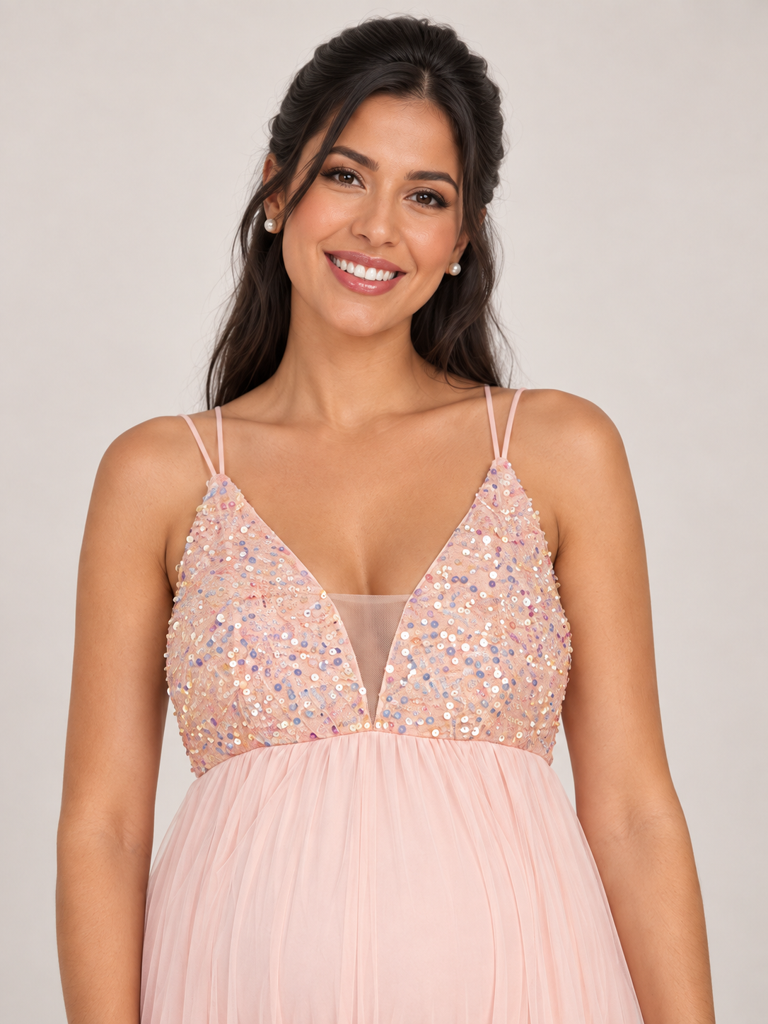 Primrose Blush Pink maternity dress — deep V sequin bodice with sheer mesh insert close-up