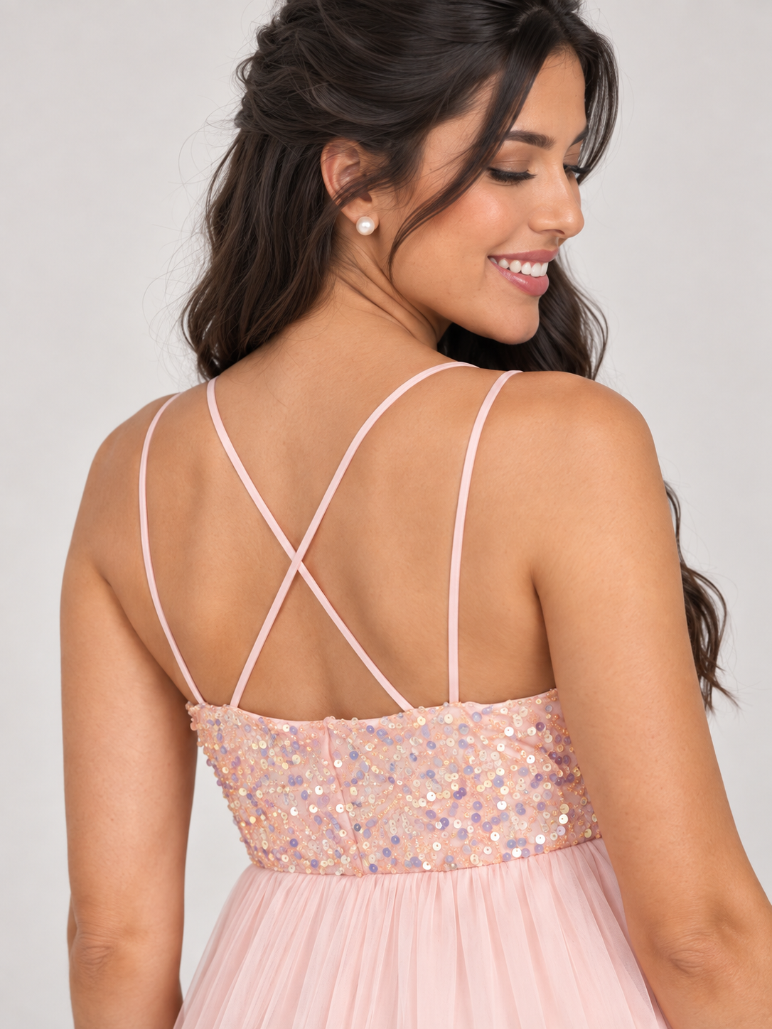 Primrose Blush Pink maternity dress — crossed back straps and sequin back panel close-up