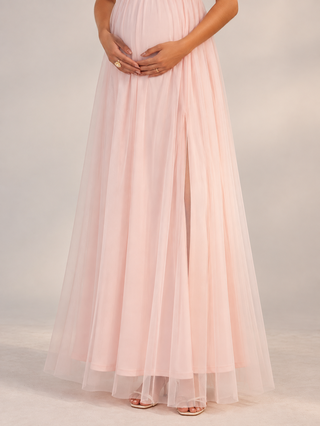 Primrose Blush Pink maternity dress — gathered tulle skirt and sheer hem detail