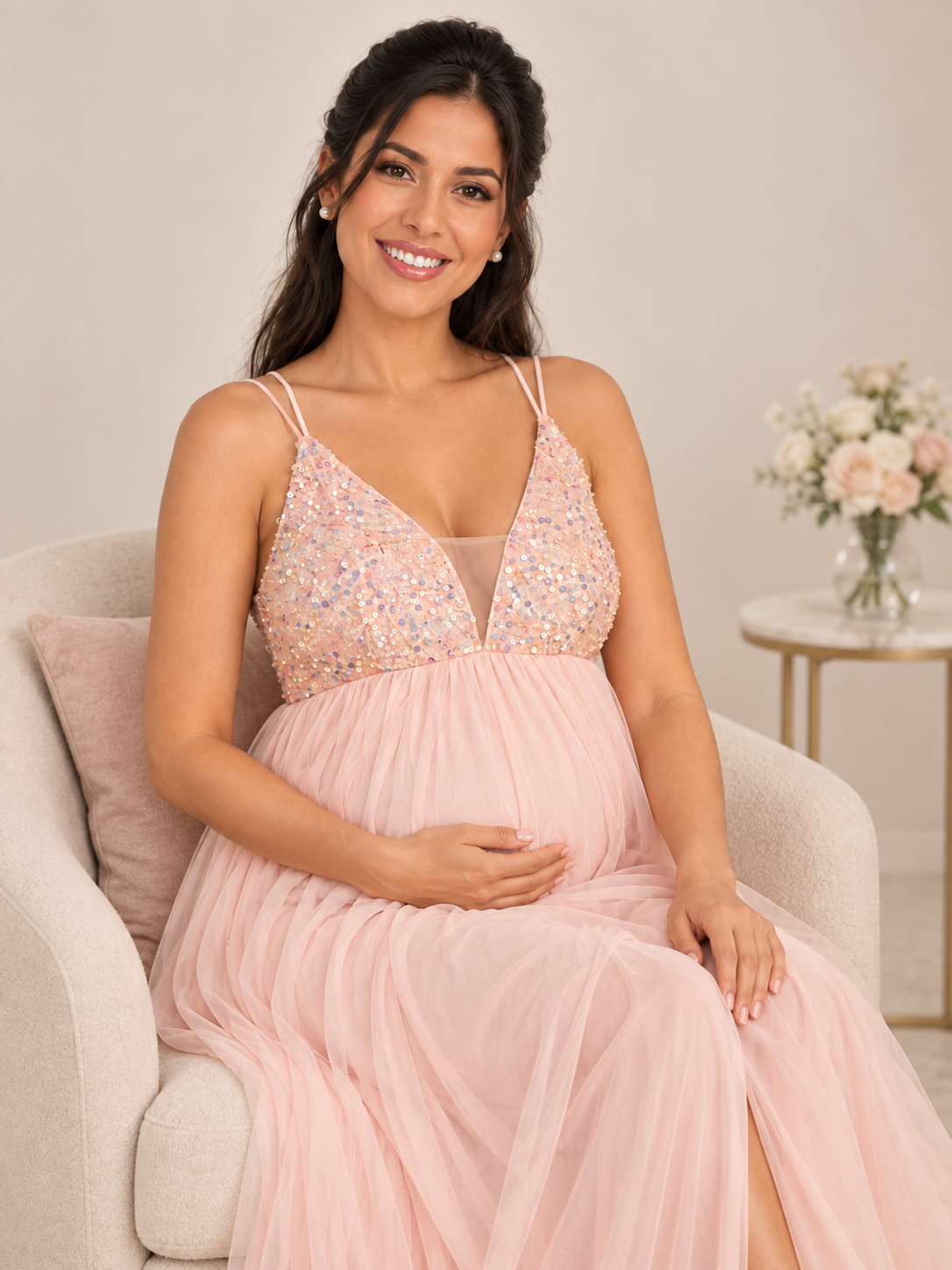 Primrose Blush Pink maternity dress — seated maternity keepsake portrait showing the front slit