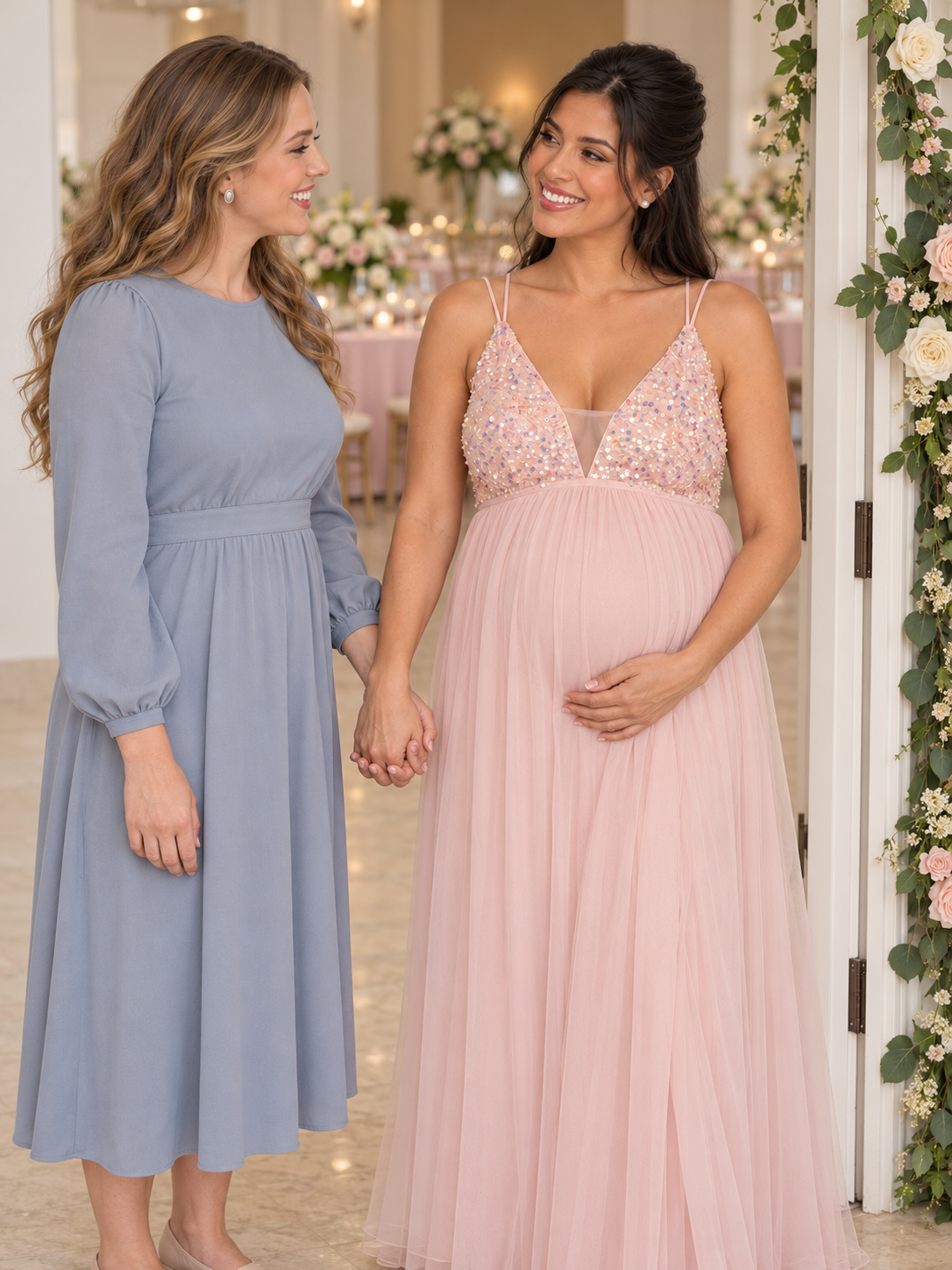 Primrose Blush Pink maternity dress — arriving hand in hand for the celebration