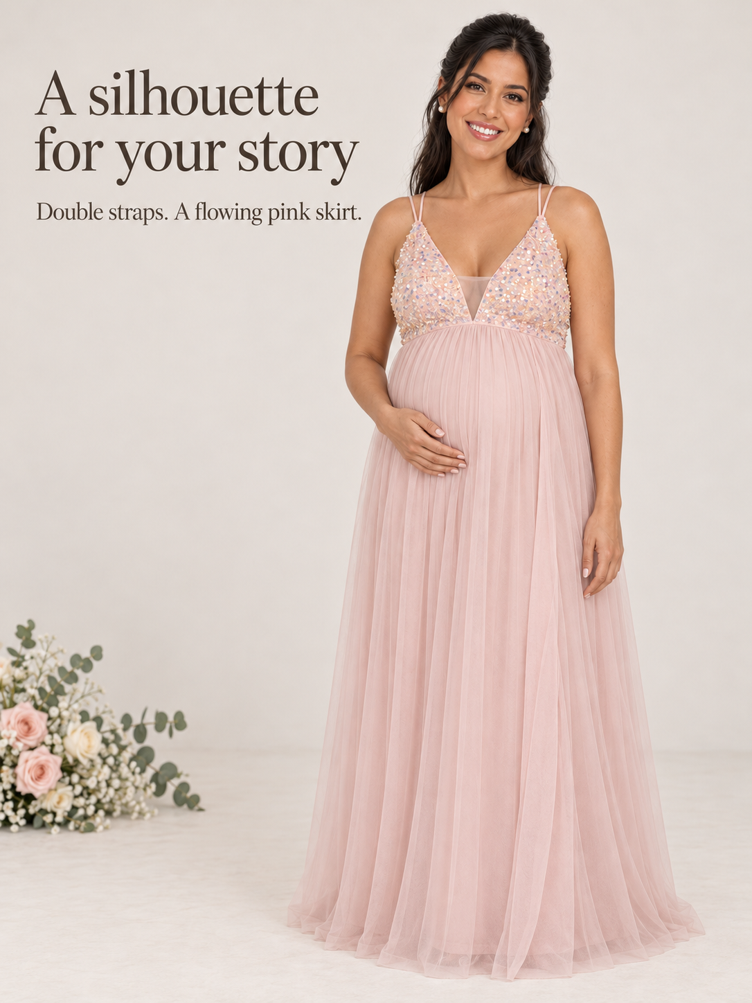 Primrose Blush Pink maternity dress — full silhouette with double straps and flowing tulle skirt