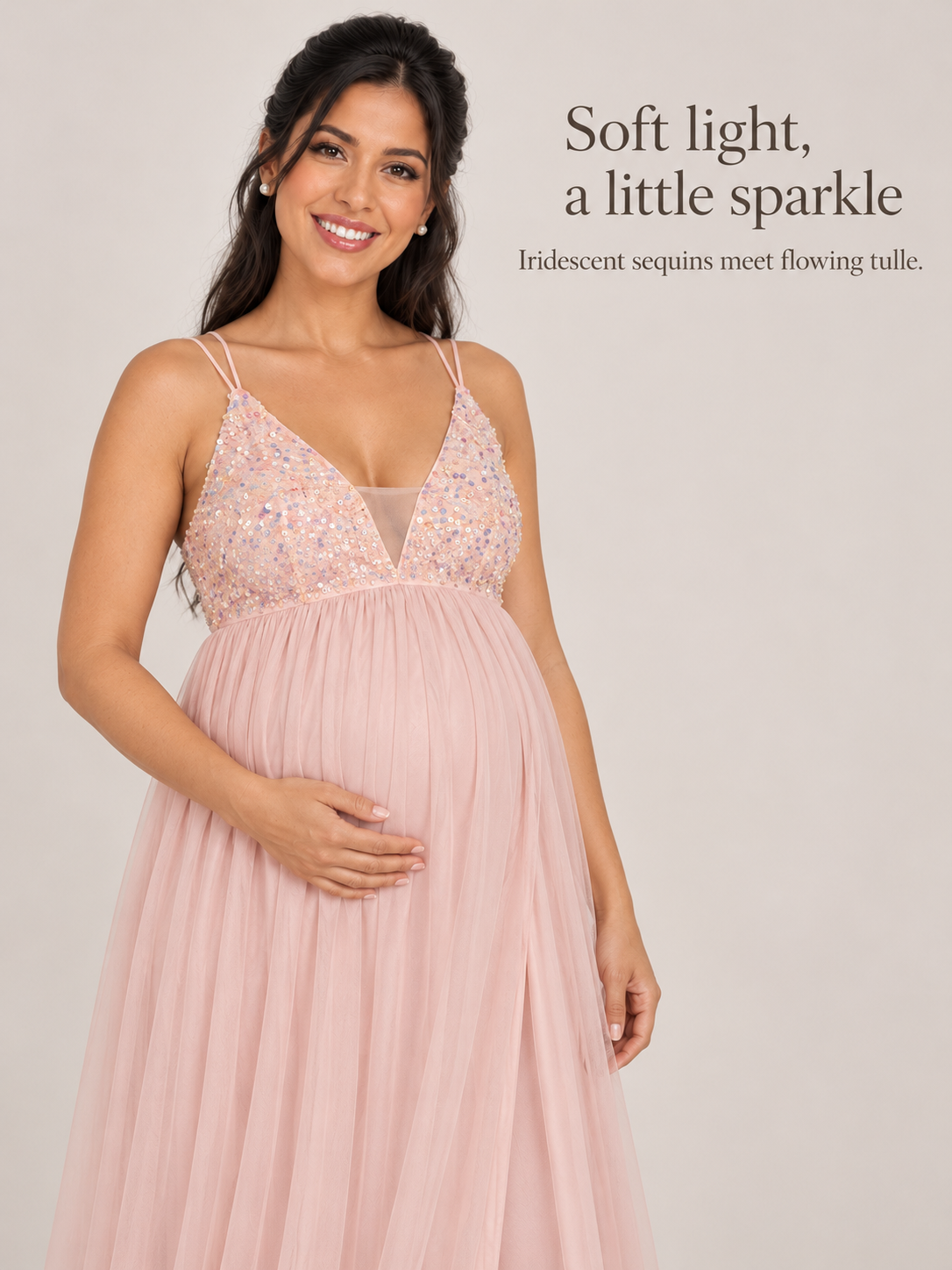 Primrose Blush Pink maternity dress — iridescent sequin bodice in soft light