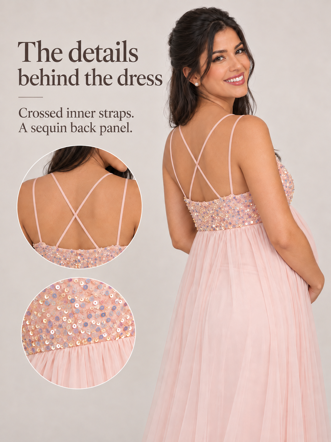 Primrose Blush Pink maternity dress — crossed inner straps and sequin back panel details