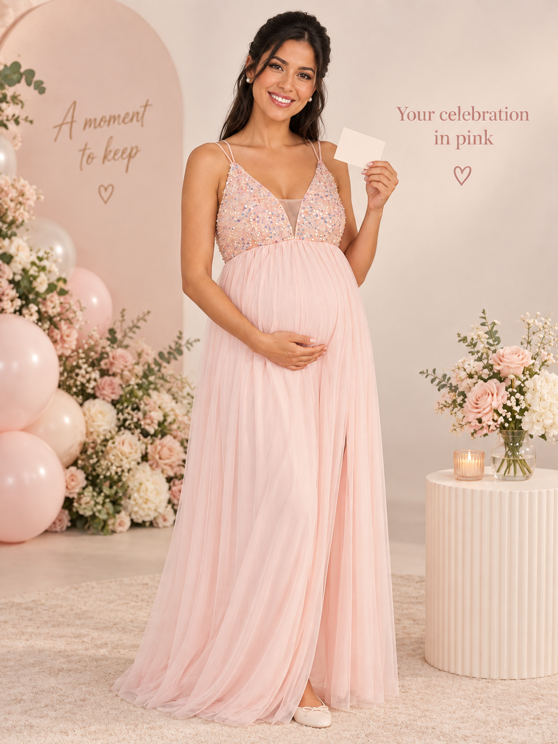 Primrose Blush Pink maternity dress — baby shower moment with balloons, flowers and a card