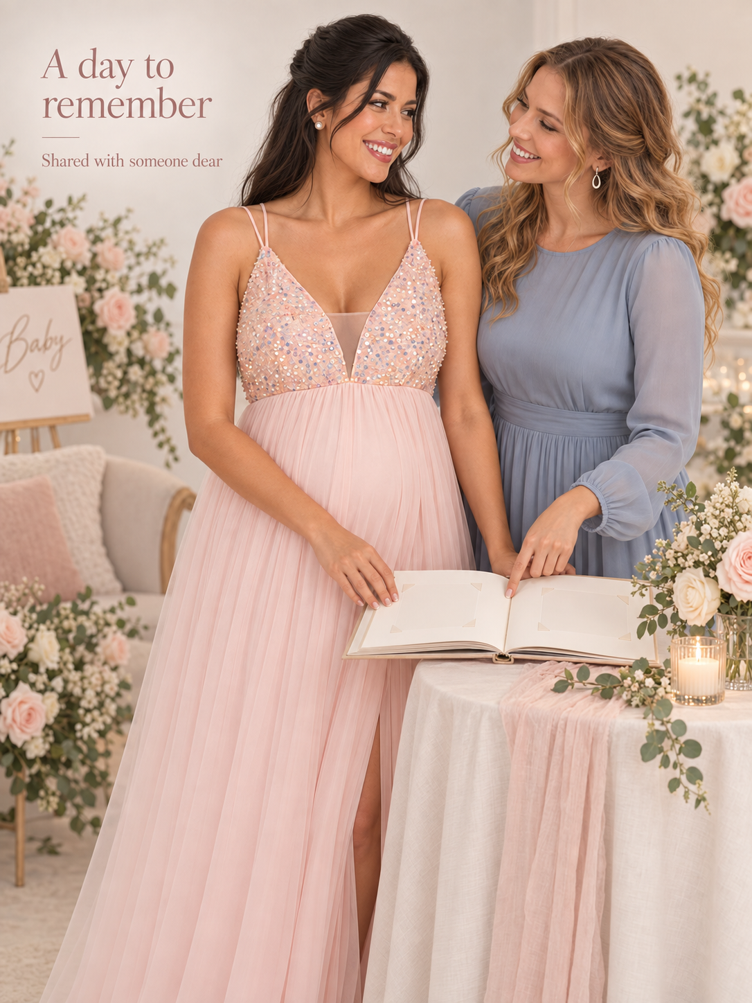 Primrose Blush Pink maternity dress — looking through a keepsake book with a loved one