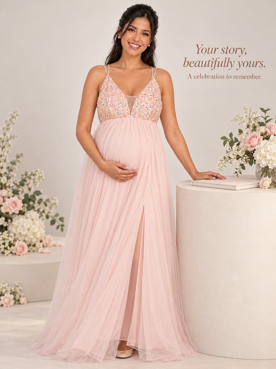 Primrose Blush Pink maternity dress — BabyShowerDress brand story portrait beside a pedestal