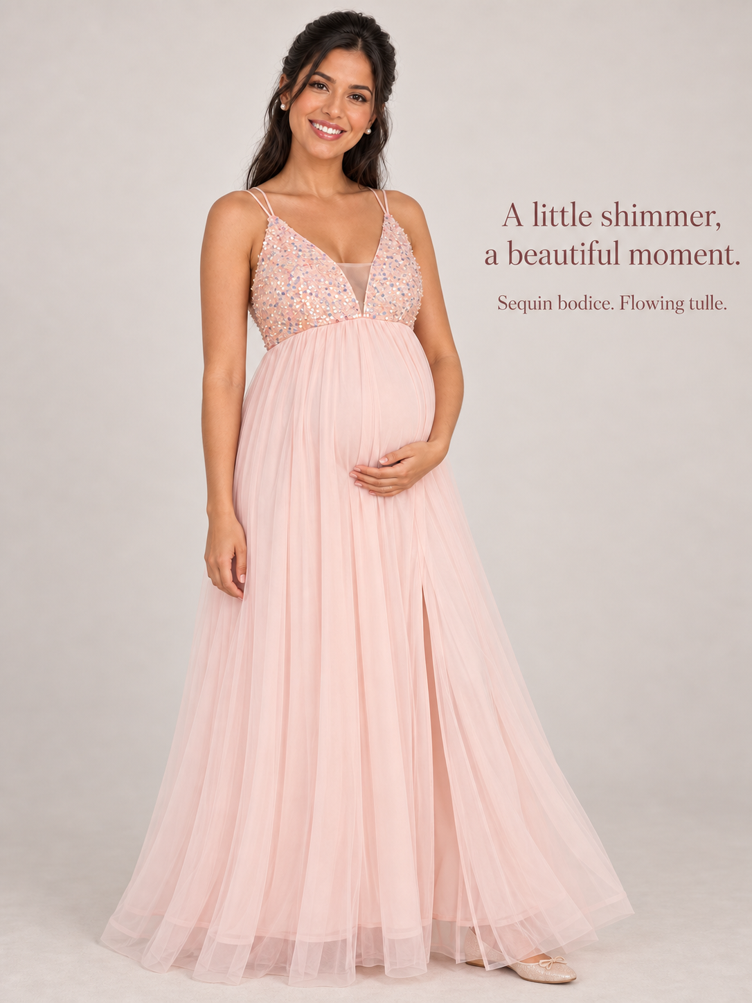 Primrose Blush Pink maternity dress — sequin bodice and flowing tulle skirt details