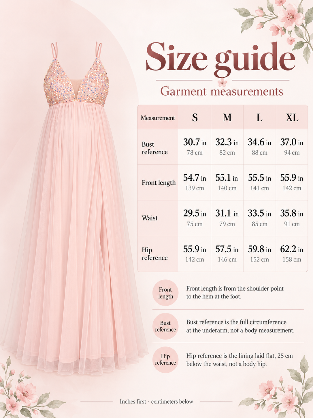 Primrose Blush Pink maternity dress — size guide with S to XL garment measurements in inches and centimeters