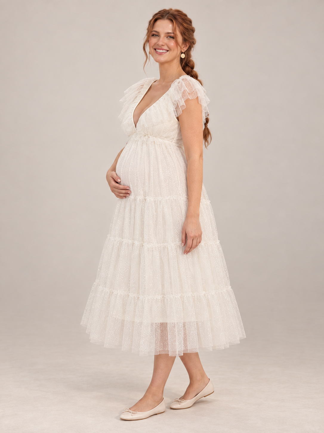 Cosette Ivory maternity dress — side view of the high waist and maternity silhouette