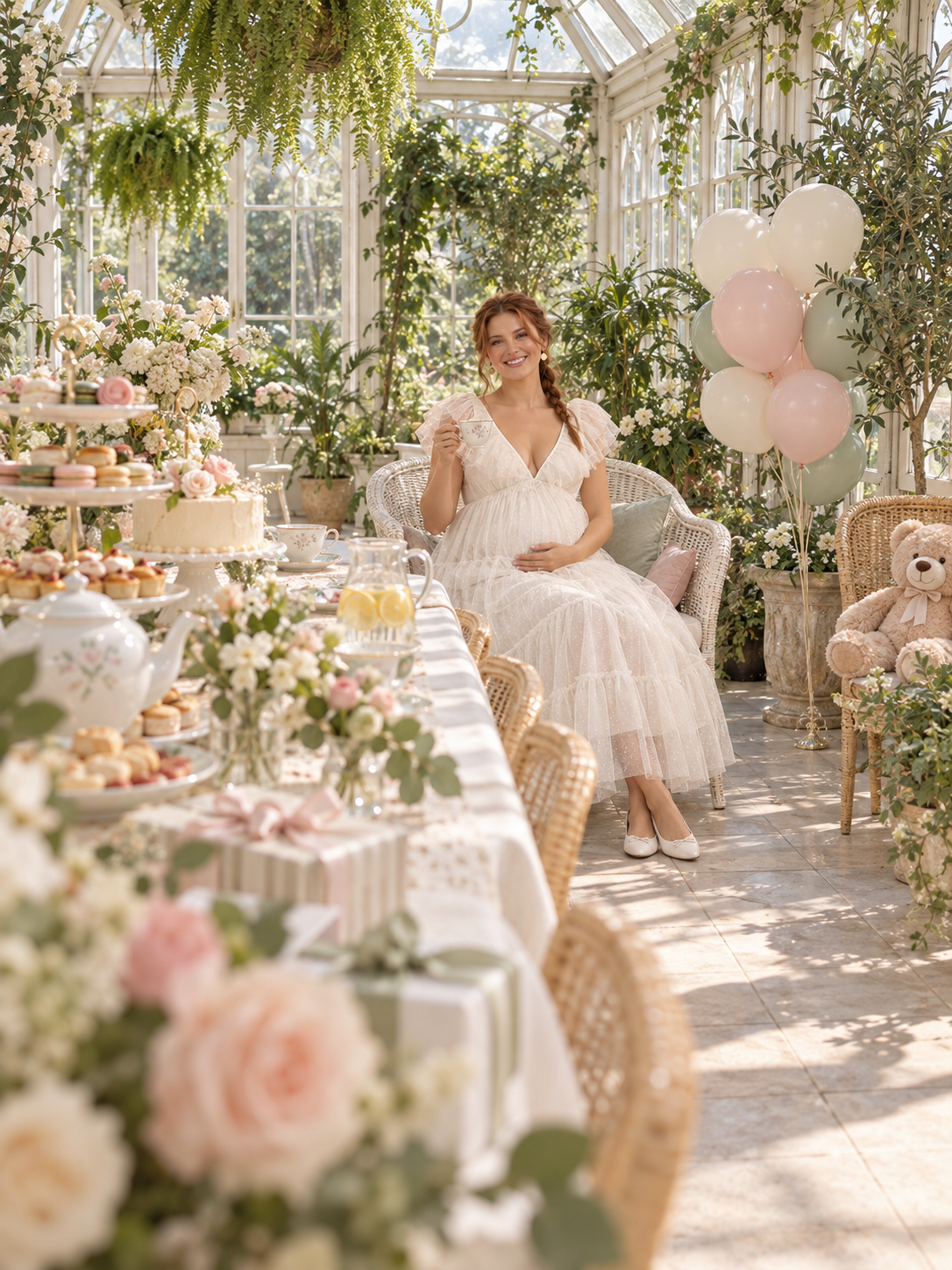 Cosette Ivory maternity dress — seated at an afternoon tea baby shower in a greenhouse
