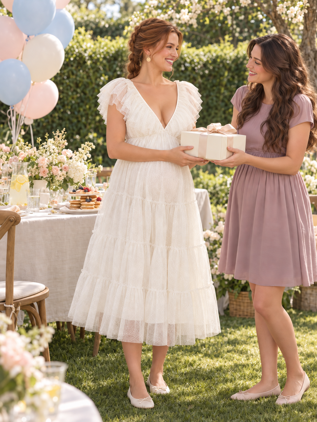 Cosette Ivory maternity dress — receiving a gift from a friend at a garden brunch