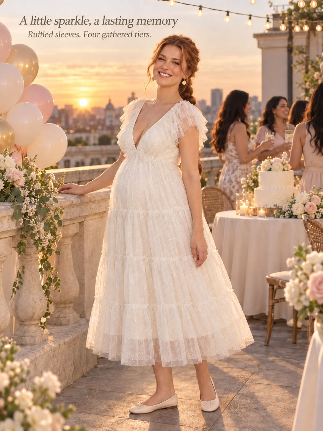Cosette Ivory maternity dress — terrace baby shower at sunset with friends behind her