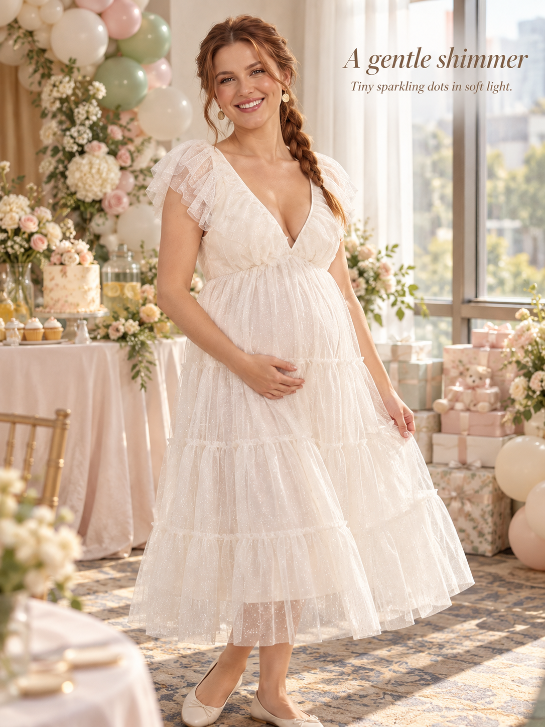 Cosette Ivory maternity dress — full-length view of the sparkling tulle at a baby shower